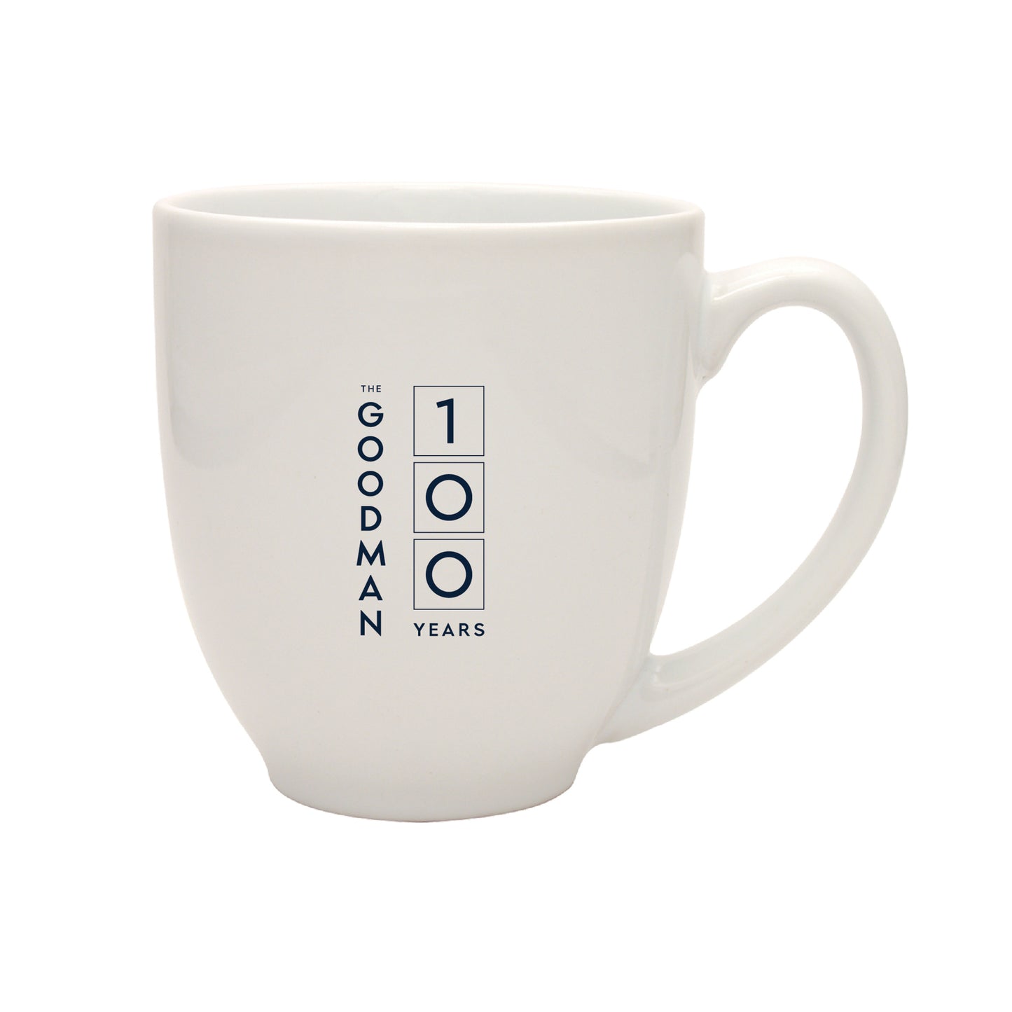 White mug with 'The Goodman 100 Years' text on a white background